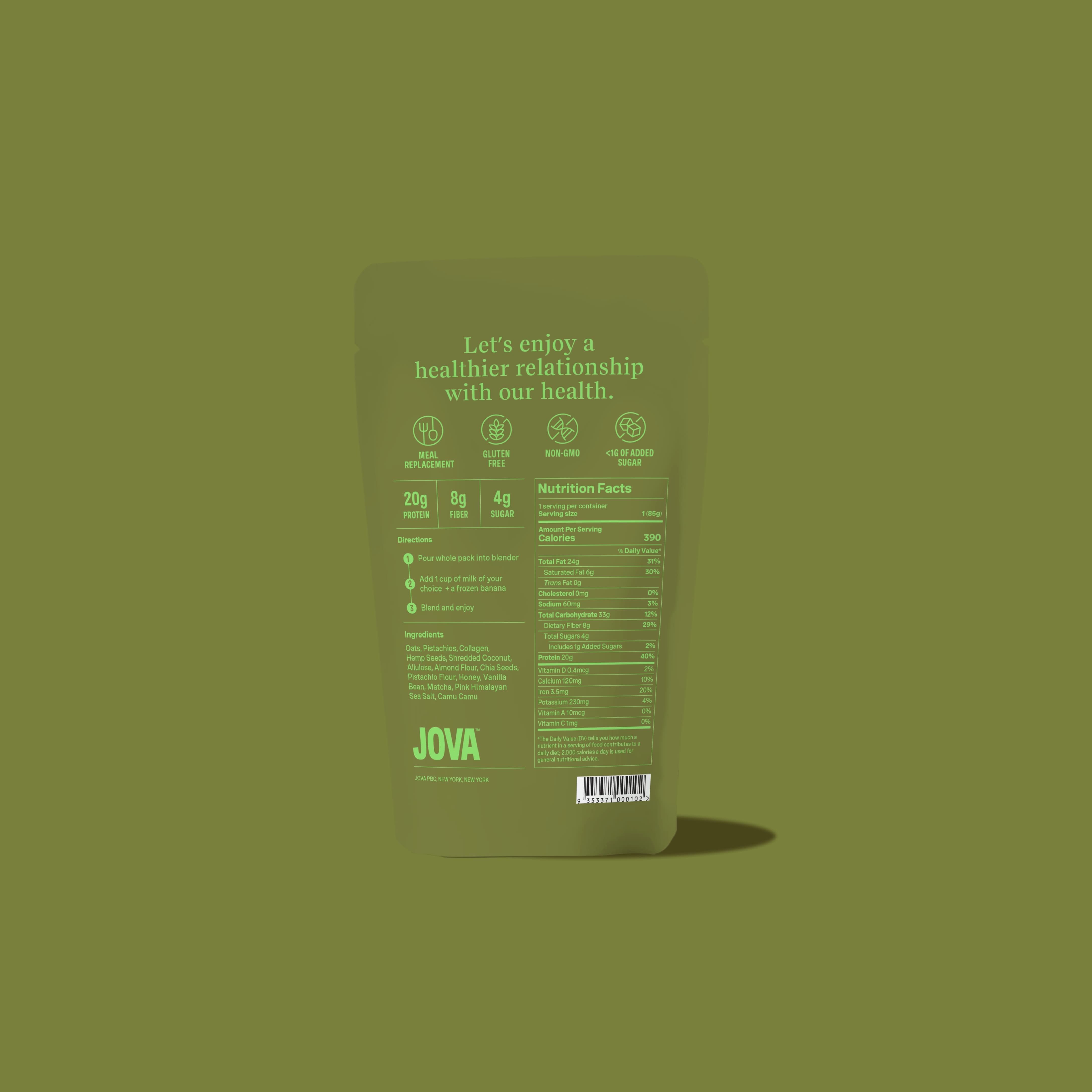 Pistachio JOVA Smoothie Kit Back of Pack - Ingredients