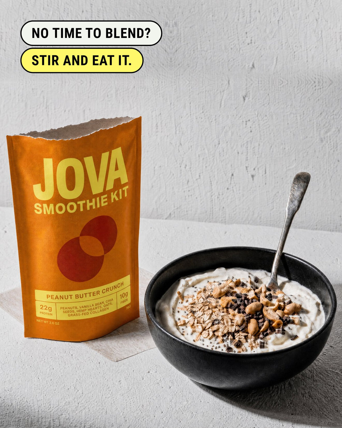 JOVA smoothie kit stirred into a bowl and eaten with a spoon, no blender needed